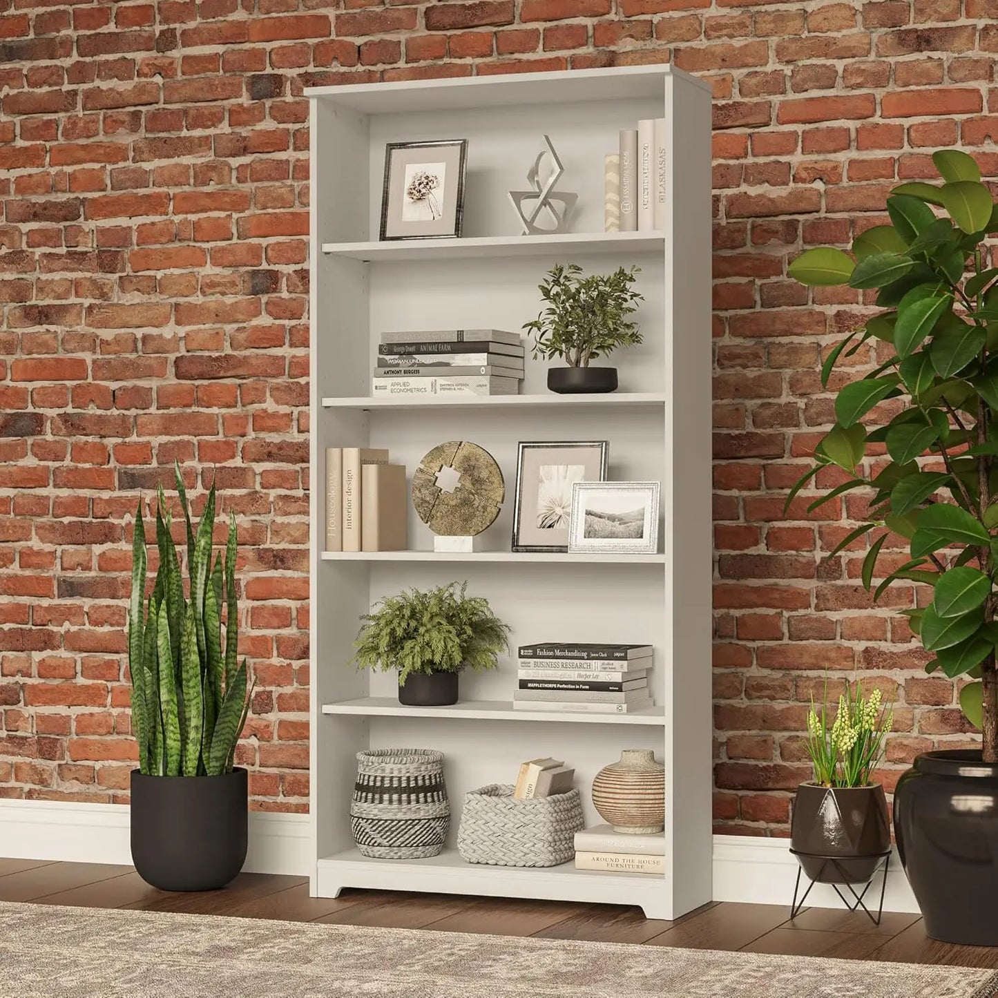 Tall 5 Shelf Bookcase | Large Open Bookshelf in White | Sturdy Display Cabinet for Library, Living Room, and Home Office