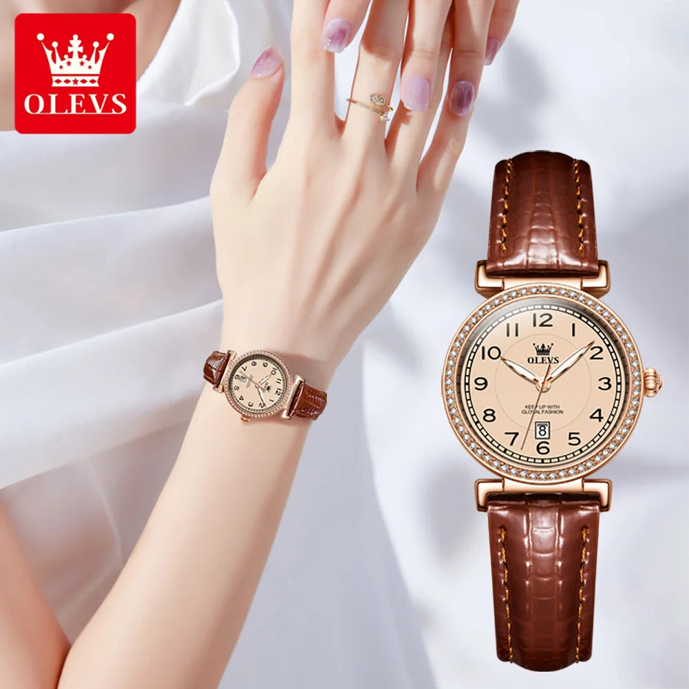 OLEVS Brand New Fashion Diamond Quartz Watch for Women Luxury Leather Strap Waterproof Luminous Hands Calendar Womens Watches