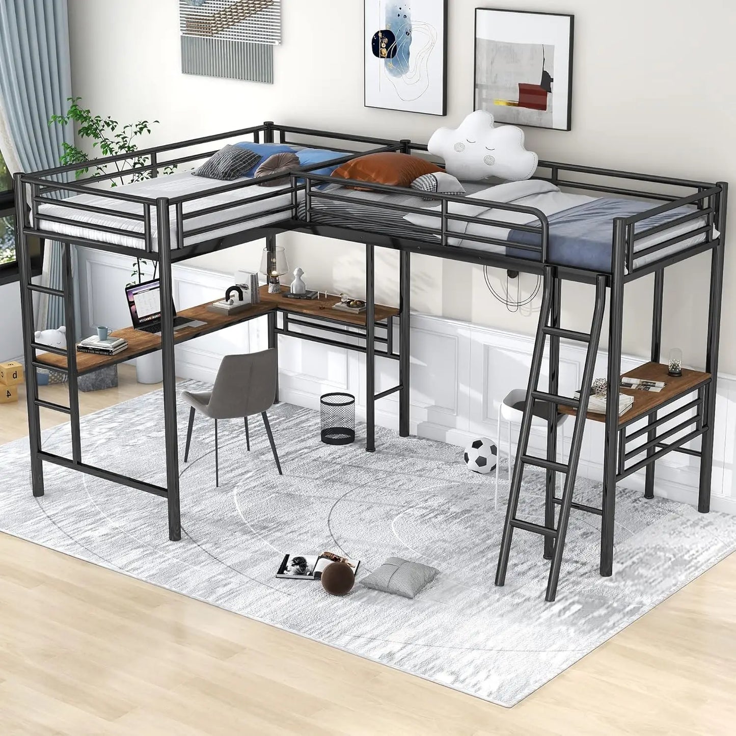 Size Loft Beds, Metal L-Shaped Loft Bed Frame with Two Desk Underneath for 2 Kids Boys Girls Teens, Black