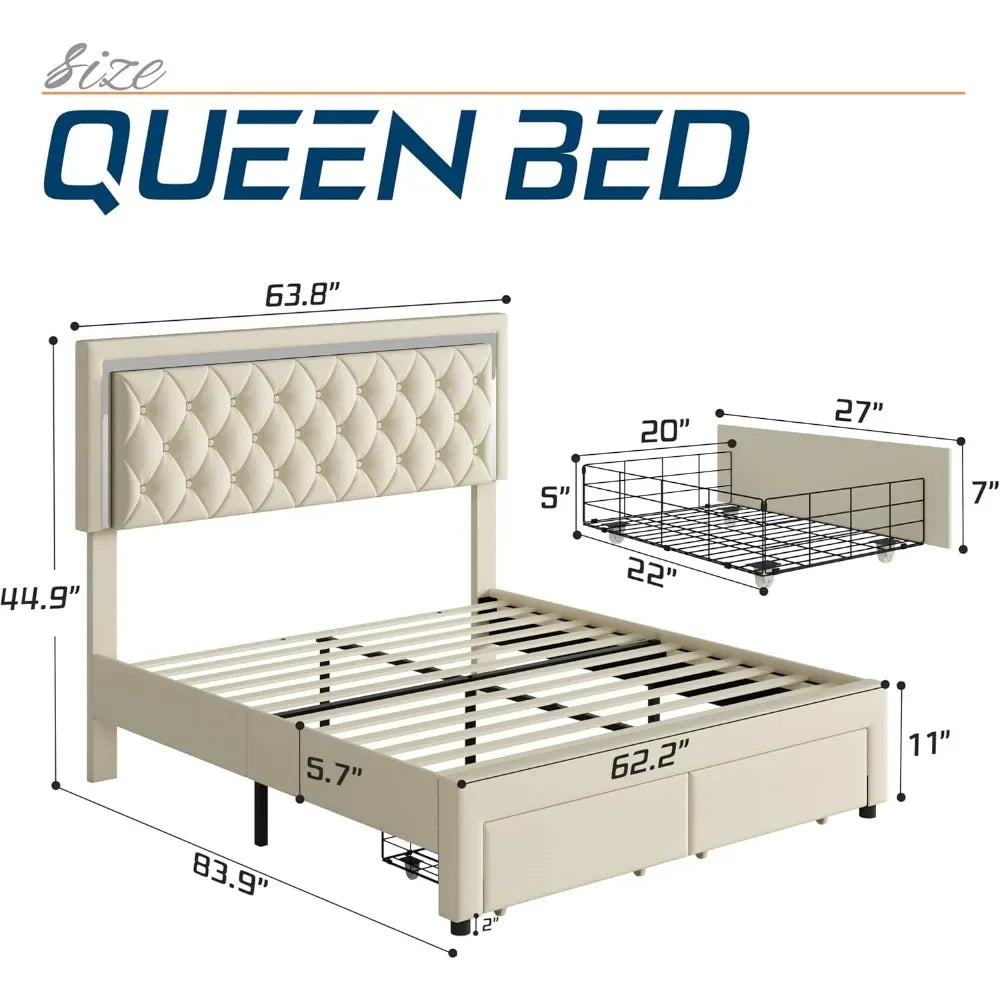 Queen Size Bed Frame with LED Lights&Storage Drawers,No Box Spring Needed,Velvet Upholstered Platform Bed Suitable for bedrooms