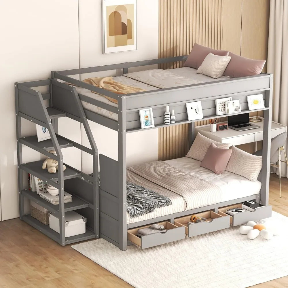 Bunk Bed, with Couch ,Convertible Bunks Beds Full Size with Stairs ,Bedside Table & 3 Drawers ,Wood Futon Bunk Bed Frame