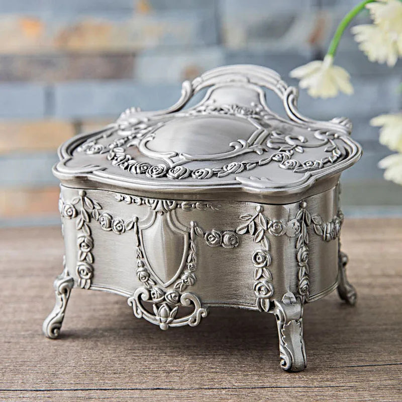 European Style Retro Rose Pattern Silver Tin Color Jewelry Box Large-capacity Luxury High-end Earring Storage gift Box