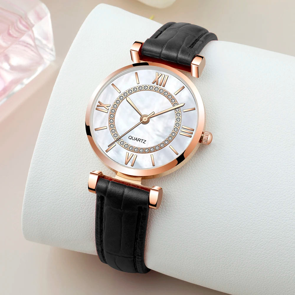 5pcs Women Watch Set Woman Casual Quartz Wristwatch Leather Bracelet Luxury Watch 2022 Gift For Girlfriend Relogio Femenino