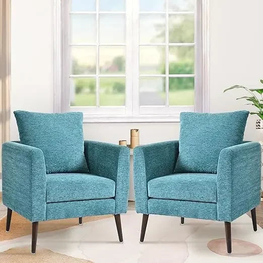 Accent Chair Set of 2,Upholstered Armchair with Pillow,Fabric Single Sofa Chair with Lounge Seat Wood Legs,Living Room Chairs