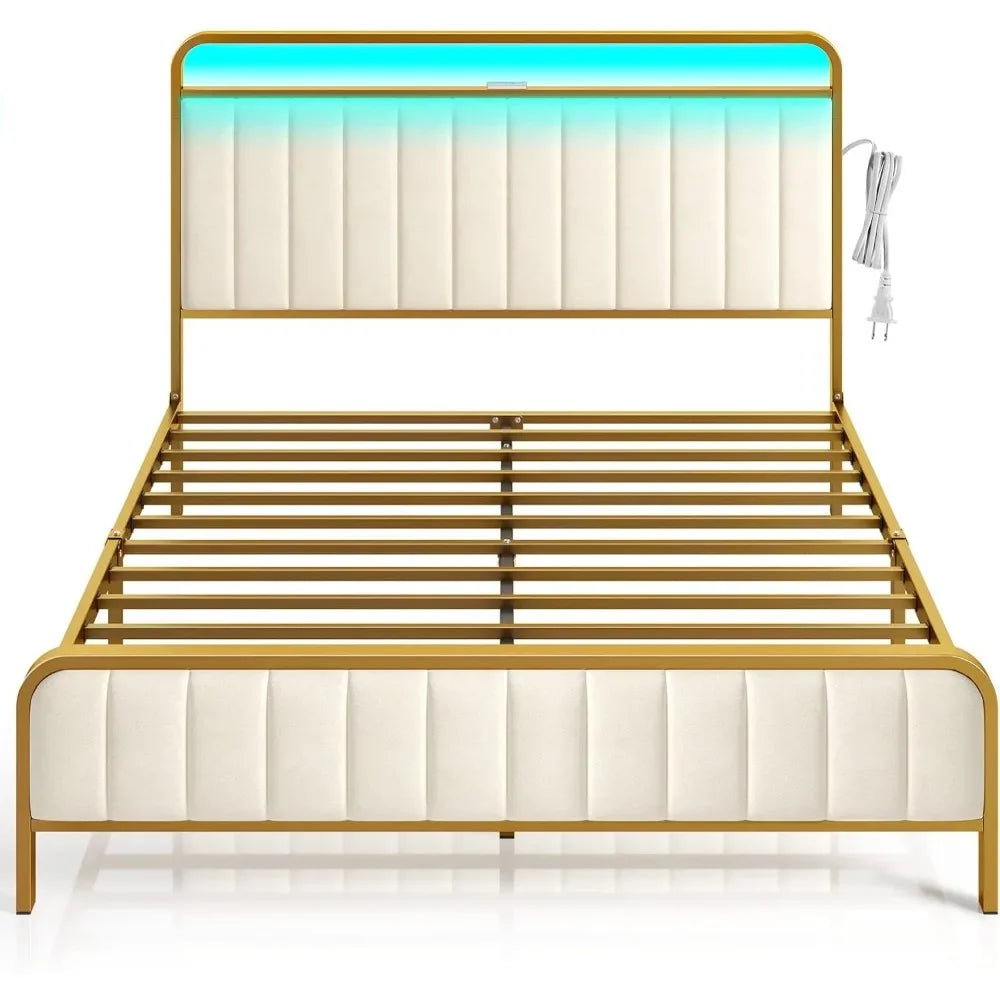 Queen Size Bed Frame with LED Light and Charging Station, Upholstered Headboard and Footboard, Metal Slat, Noise Free Bed