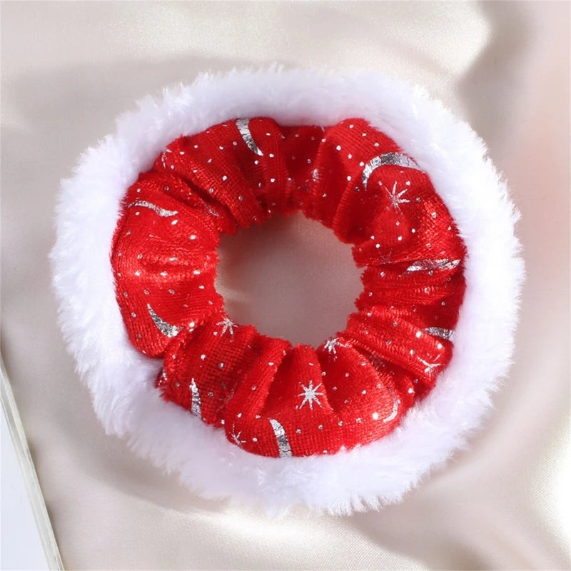 F42F Christmas Theme Hair Scrunchies for Women Girl with Plush Trim Festival Hair Elastic Ponytail Holder Party Accessories