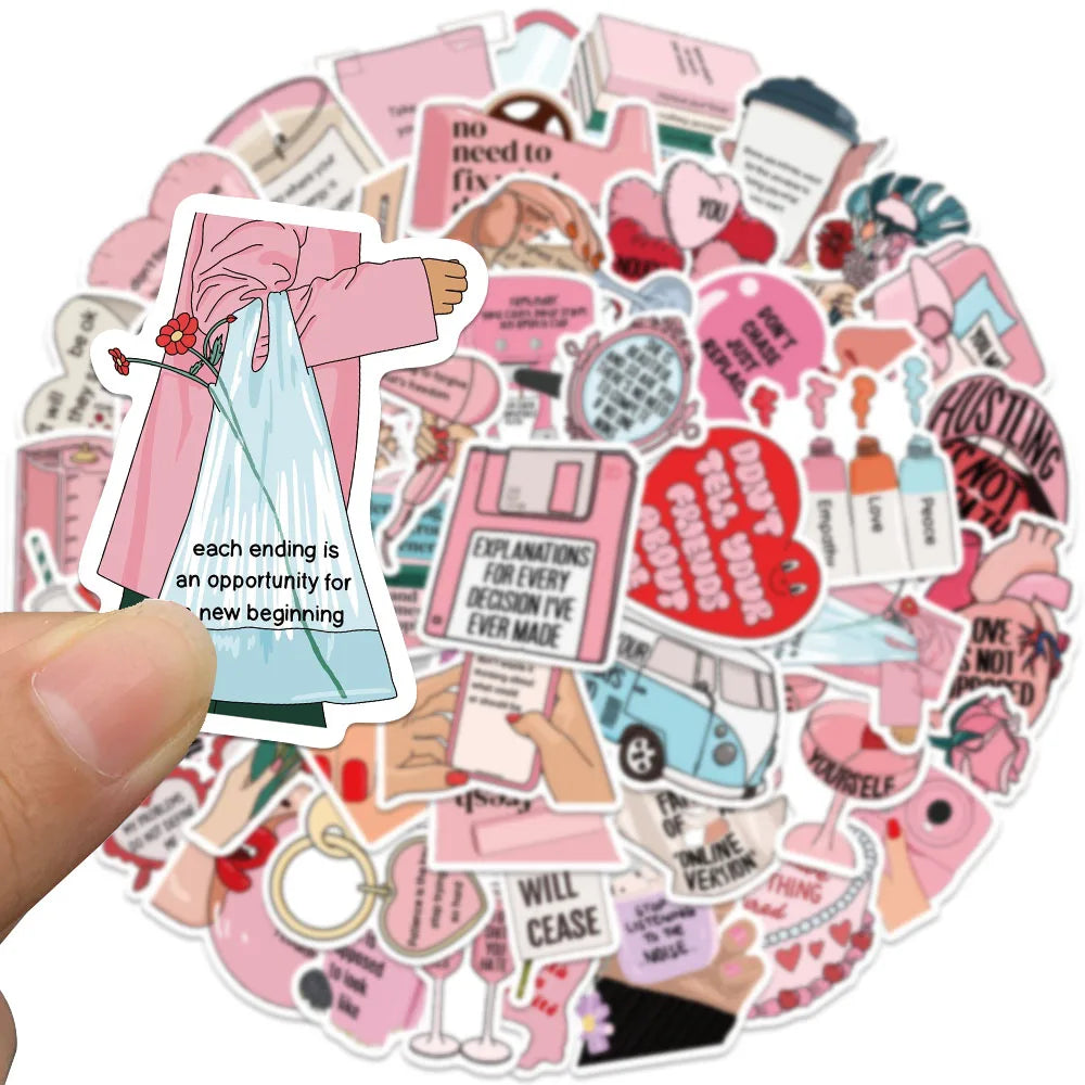 50pcs Aesthetic Cartoon Pink Motivational Stickers Positive Inspirational Stickers For Laptop Luggage Guitar Waterproof Decals