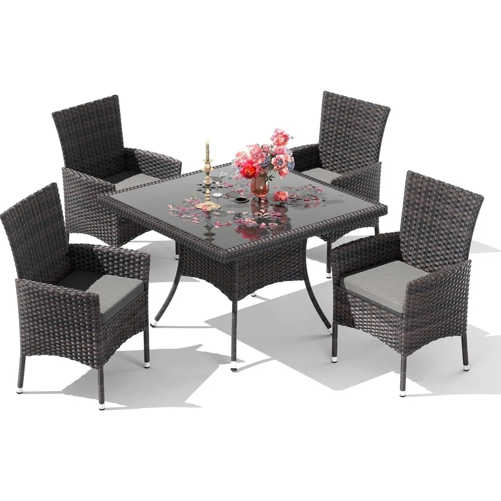 10 Pieces Patio Dining Set, with 2 Square Glass Tabletops 8 Chairs with Grey Cushions, Outdoor Rattan Furniture Dinning Set