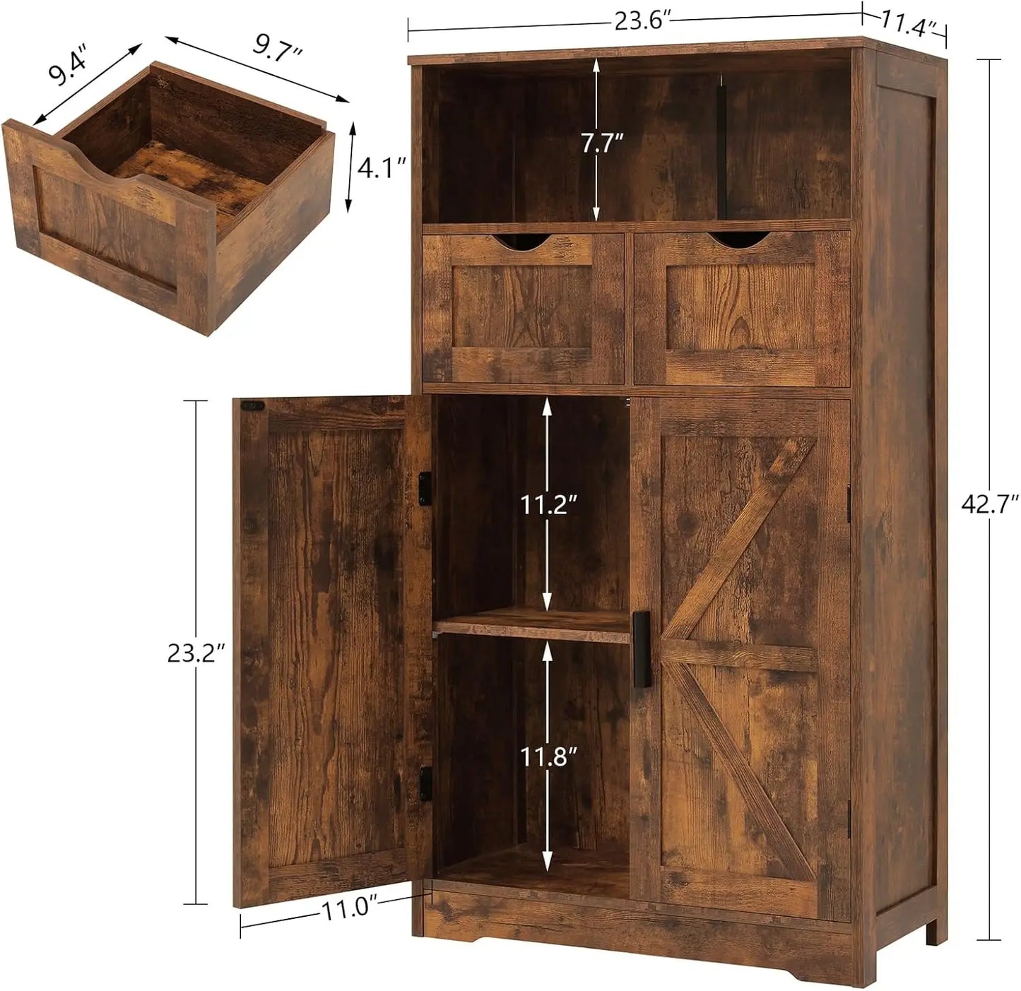 Cabinet with 2 Adjustable Drawers & 2 Barn Doors, Floor Cabinet, Freestanding Cupboard with Adjustable Shelf, for Living Room