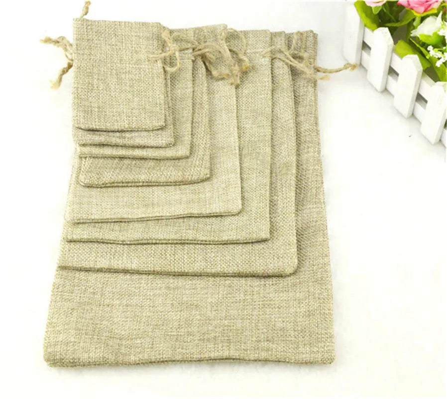 1PC 7Sizes Linen Jute Drawstring Pouch Cotton Christmas Halloween Gift bags Box Packages for Packaging Wedding Party Candy Bags