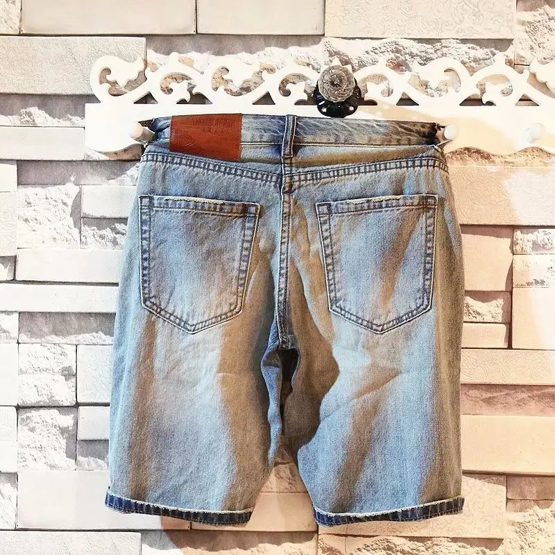 Summer Men's Letter Printing Denim Shorts Casual Holes Embroidery Label Medium 5-point Denim Pants Male Fashion Shorts