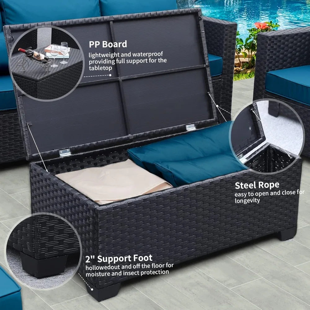 Patio Furniture Set, Chairs Coffee Table Peacock Blue Anti-Slip Cushions and Waterproof Covers,6 Pieces Outdoor Couch