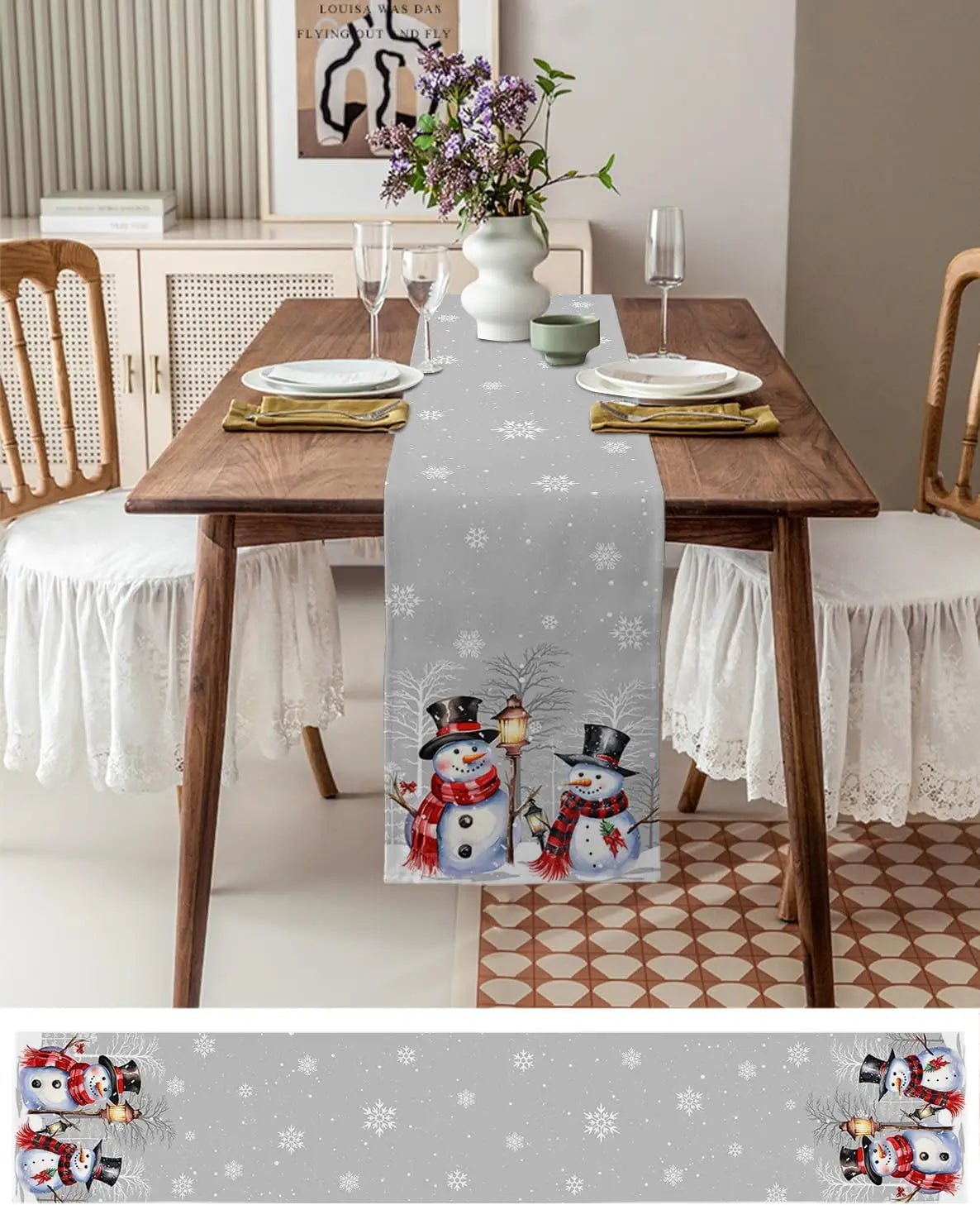 Christmas Snowman Xmas Tree Snowflake Gray Linen Table Runners Holiday Party Decorations Washable Home Decor Xmas Dectoration