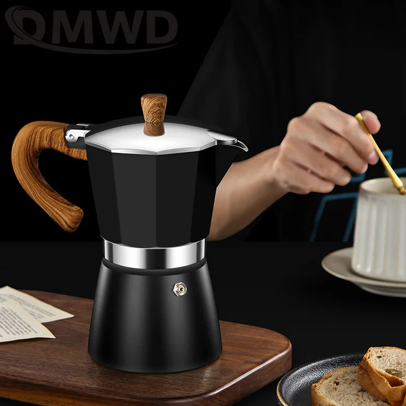 DMWD Vintage Wooden Handle Espresso Maker Moka Pot 300ml With Electric Furnace Classic Italian Cafe Tools Mocha Coffee Maker