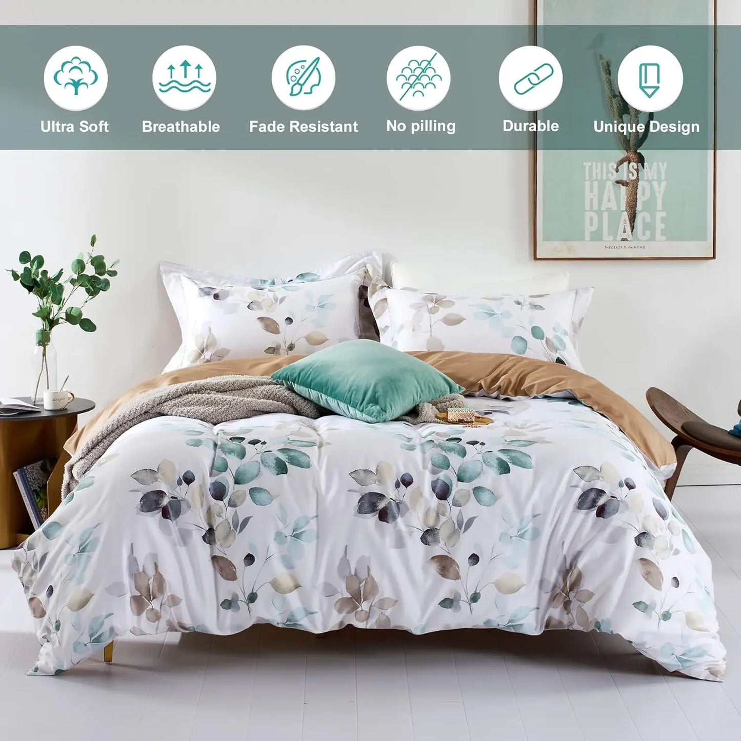 Cover King Size 100% Long-Staple Cotton Gradient Teal Blue Leaves Plant Pattern Comforter Cover Set Ultra Soft & Breathable