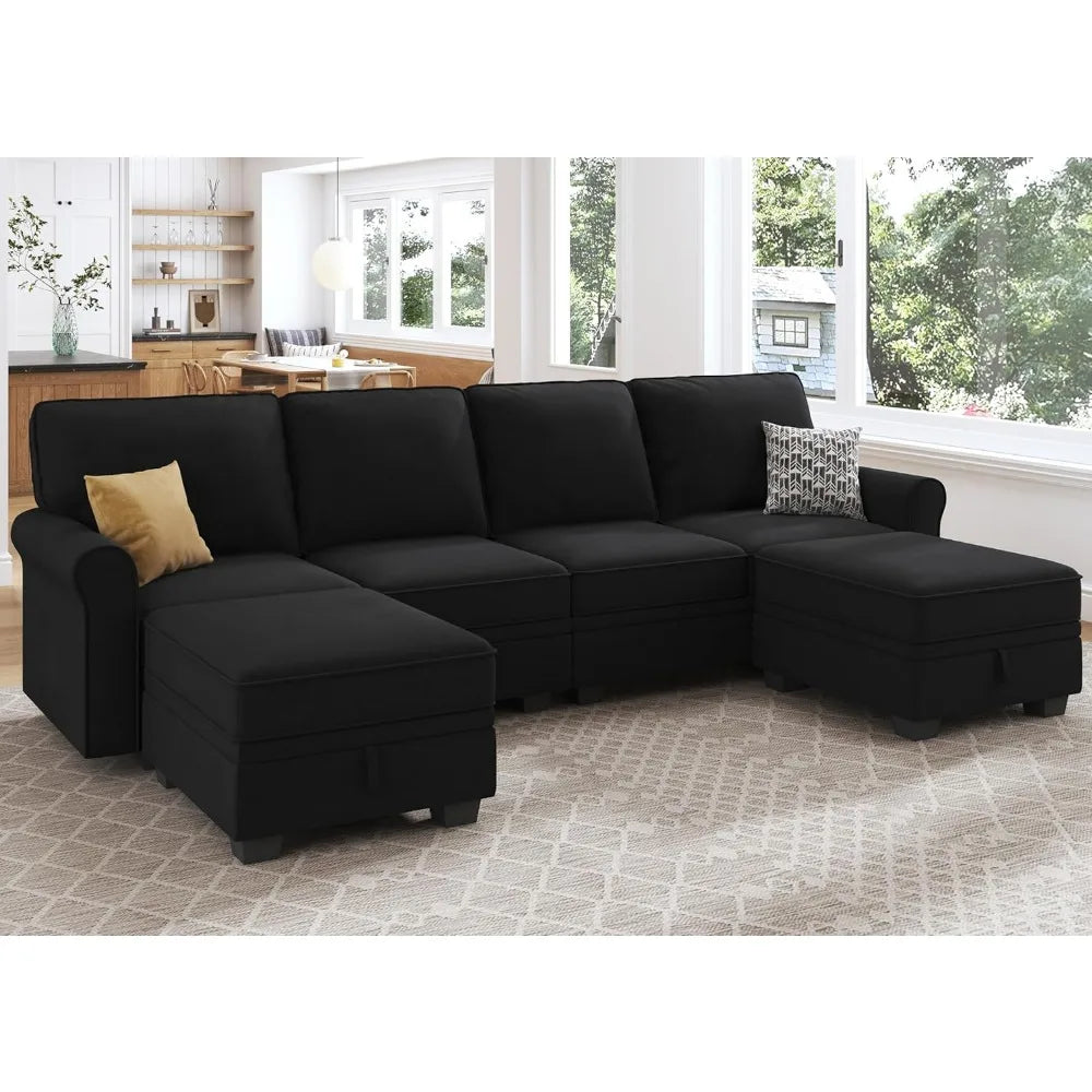 Sectional Sofa with Storage Seat Velvet U Shaped with Reversible Chaise Convertible Sectional Couches for Living Room,Black