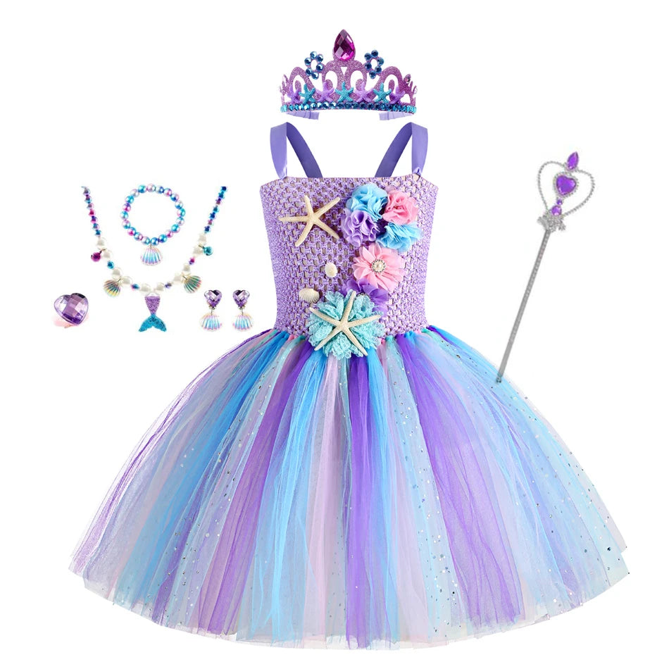 Girls Mermaid Tutu Dress Under the Sea Theme Birthday Party Carnival Costumes with Flower Headband Ocean Halloween Dresses 1-12Y