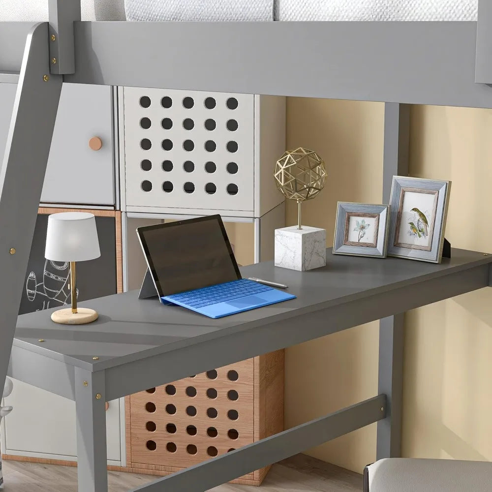 Full Size Loft Bed with Desk,Guardrail and Ladder, High Loft Beds with Desk and Bookcase, Wood Loft Bed Frame