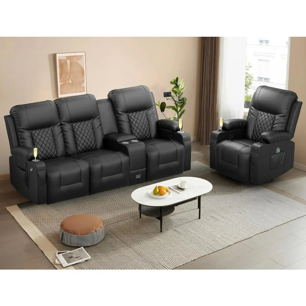 Recliner Sofa Set, Modern 3 Seat Reclining Sofa and 1 Seat 360° Swivel Recliner Chair with Heat and Massage for Living Room