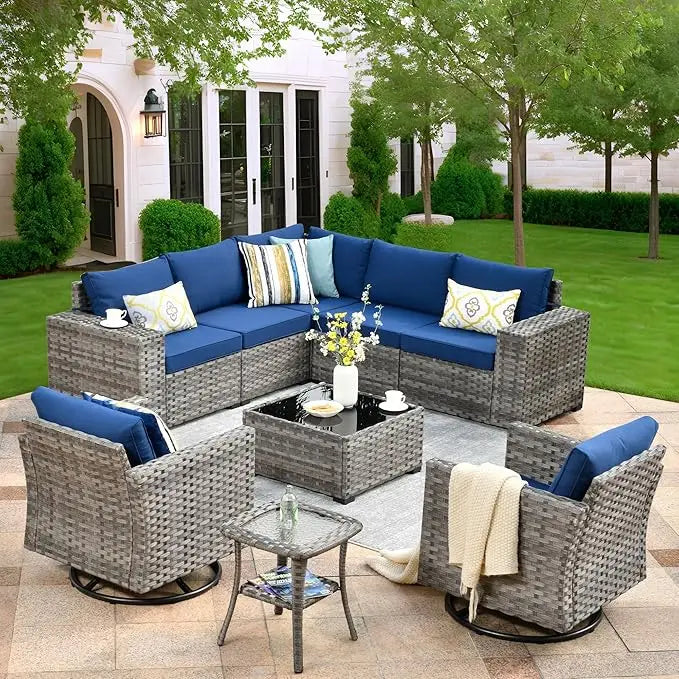 9 Pieces Patio Furniture Set, Outdoor Sectional Sofa with Swivel Rocking Chairs, Wide Arms and Deep Seat, Wicker Rattan Set