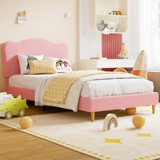 Upholstered Twin Size Bed Frame for Kids with Scallop Headboard, Cute Velvet Twin Bed for Girls, Boys, Sturdy Platform Bed