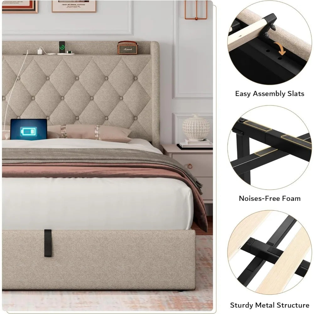 Hydraulic Storage Queen Bed No Box Spring Needed Bunk Beds Upholstered Platform Bed Frame With Tufted Headboard Noise-Free Beige