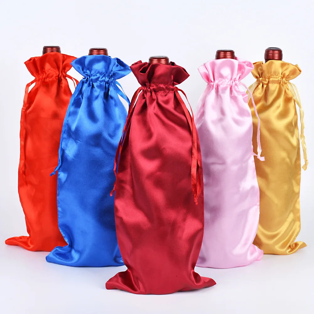 10pcs/lot 15x35cm Satin String Pouch Drawstring Bags Wine Bottle Packaging Bag Wedding Party Christmas Decor