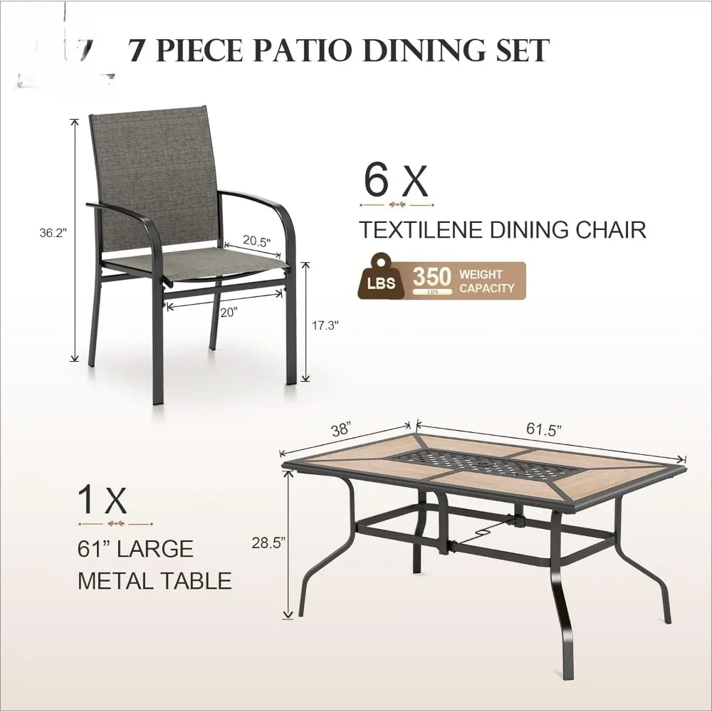 Patio Table and Chairs Set, Rectangular Outdoor PVC Metal Table with Umbrella Hole, 7 Pieces Outdoor Dining Sets