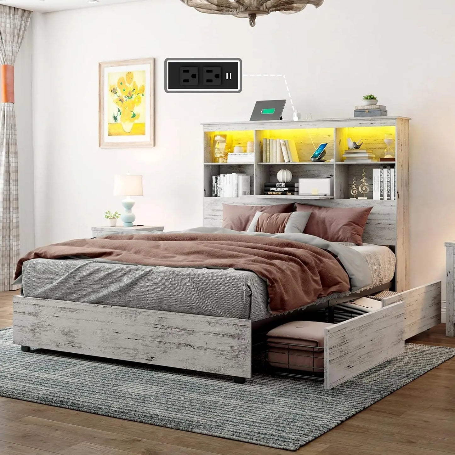 Bed Frame with LED Bookcase Headboard, Wooden Storage Bed with Charging Station & 4 Drawers, No Box Spring Needed/Noise-Free