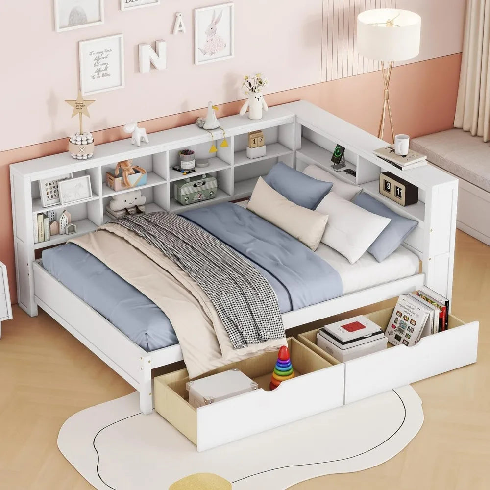 Daybed with Storage Drawers and Bookcase, L-Shape Daybed with USB Ports and Headboard with Storage Headboard, Corner Bed Frame