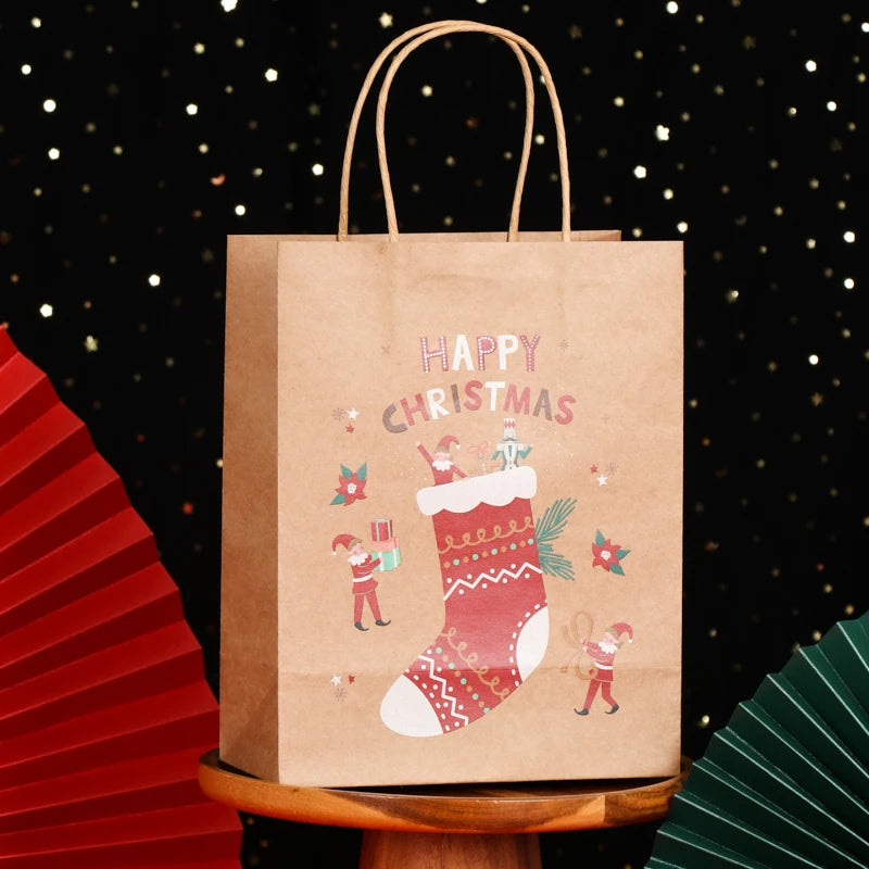 10pcs Christmas handbag New kraft paper bag Bread bag Kraft candy bag Holiday gift bag Christmas wrapping paper