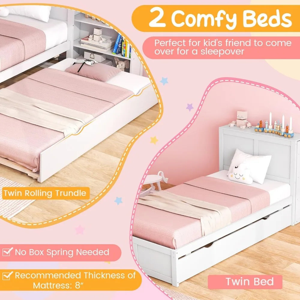 Twin Bed Frame with Trundle, Wooden Bed Frame with 2 Rolling Bookcases & High Headboard, Storage Platform Bed for Kids,