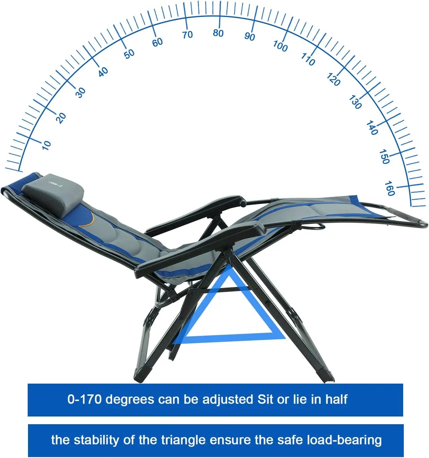 Set of 2 Oversize XL Zero Gravity Recliner Padded Patio Lounger Chair with Adjustable Headrest Support 350lbs (Blue)