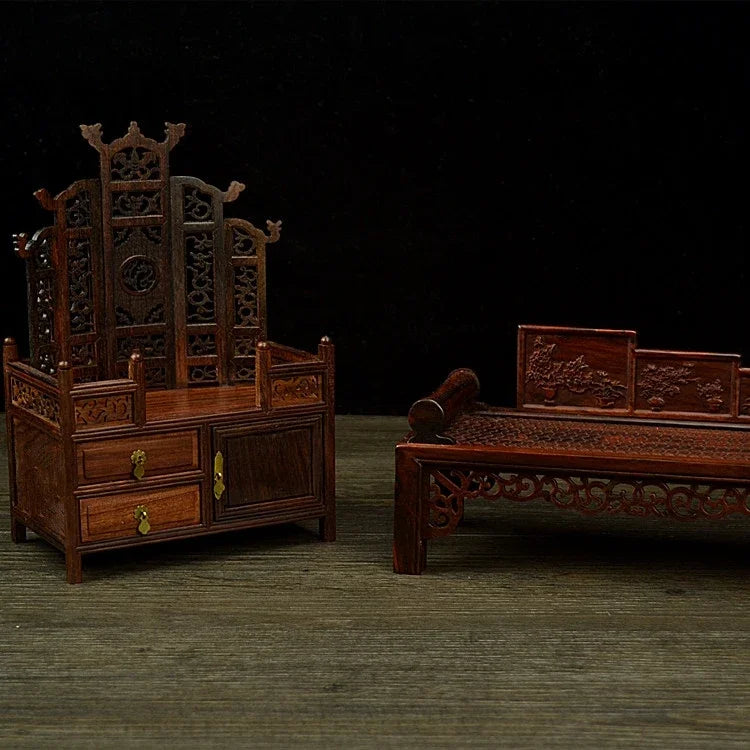 Miniature Furniture Chinese Retro Table Chair Mahogany Sofa Bed Model Doll House Dresser Wardrobe Screen Solid Wood Accessories