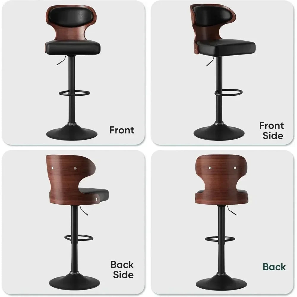 Bar Stools Set of 2, Adjustable Height 24.5-33.5IN - Bentwood Swivel Barstools with Back & Footrest,Black Bar Chairs