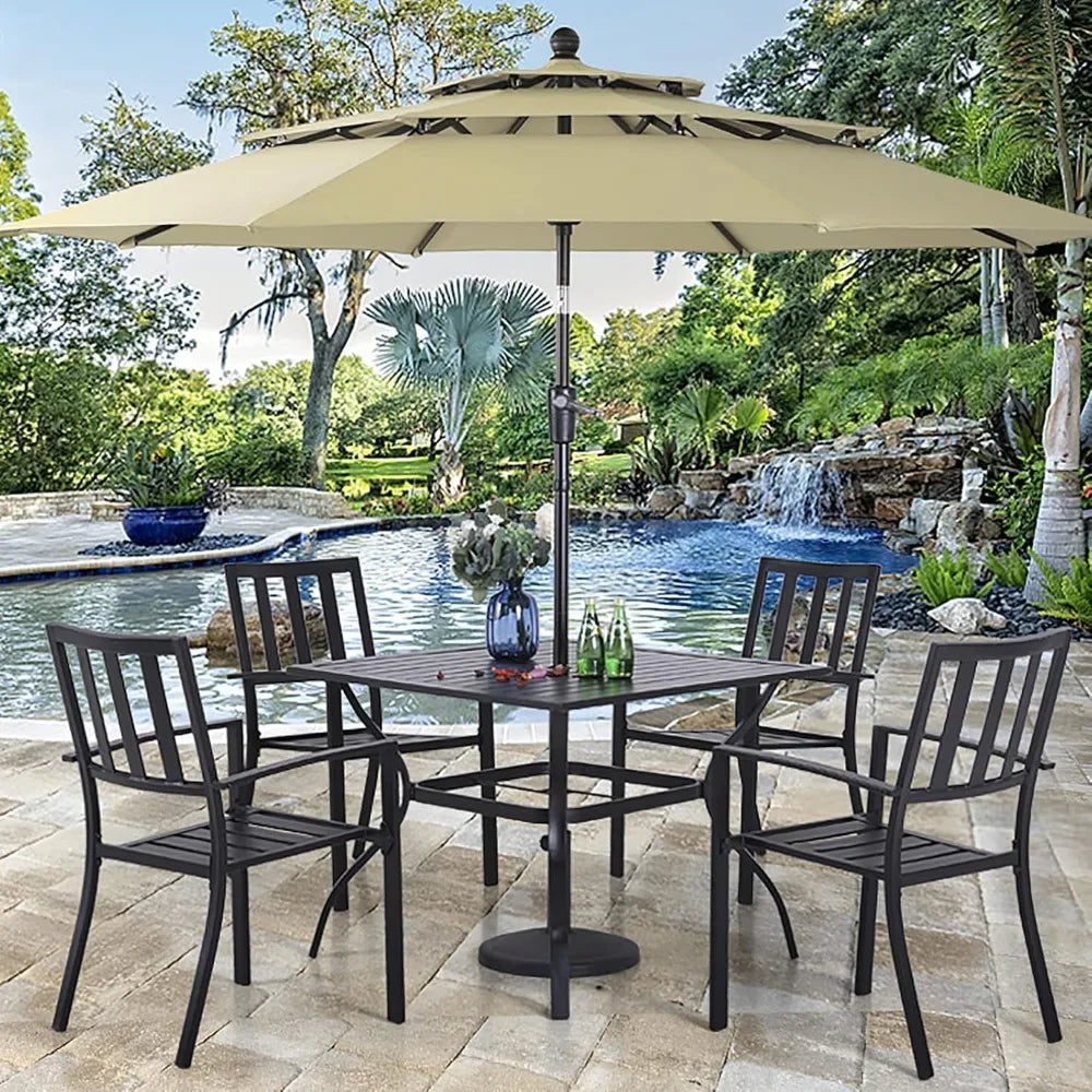 5 Piece Outdoor Dining Table Set ,37” Square Metal Dining Table with Umbrella Hole& Stackable Steel Chairs,Garden Furniture Sets