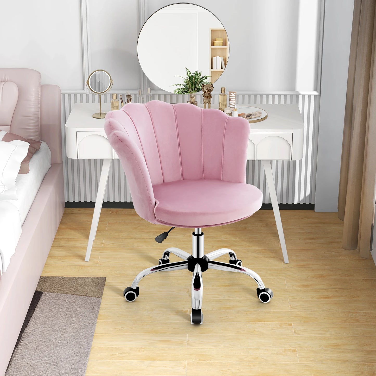 Velvet Petal Shell Office Chair Adjustable Swivel Accent Vanity Armchair Pink