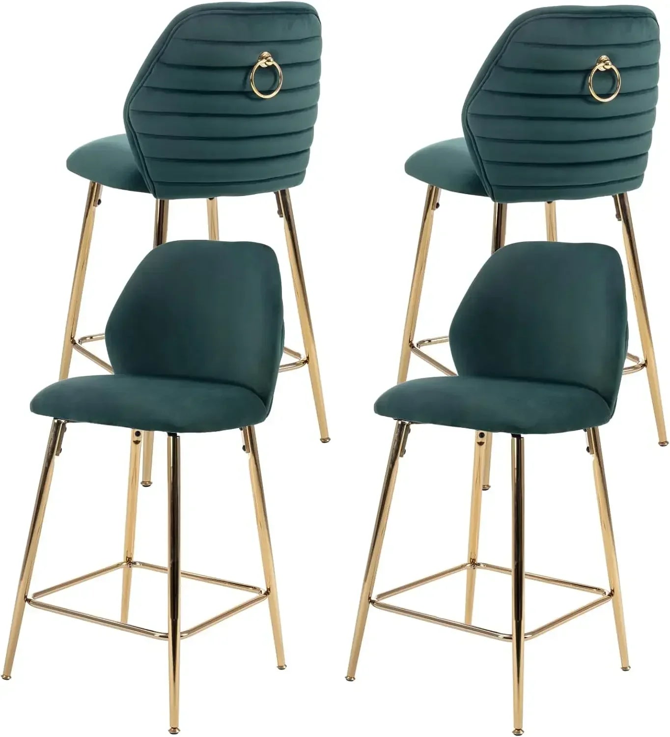 26” Bar Stool, Set of 4, Velvet Seat Cushion with Back and Foot Upholstery with Ring Pulls, for Kitchen Island, Dining Chair