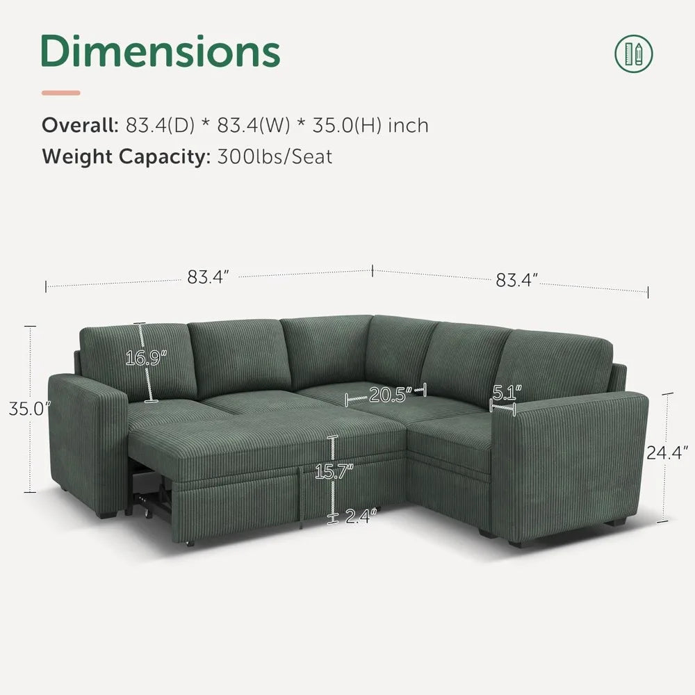 Sleeper Sofa with Pull Out Bed, Corduroy L Shaped Couch with Storage Seats, Convertible Sectional Couches for Living Room, Green