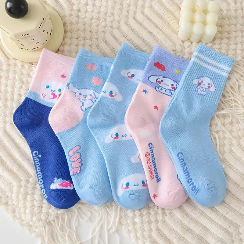 Kawaii Cute Sanrio Cinnamoroll Mid-Tube Socks Blue Combed Cotton Socks Candy Color Breathable Comfortable Girls Christmas Gift