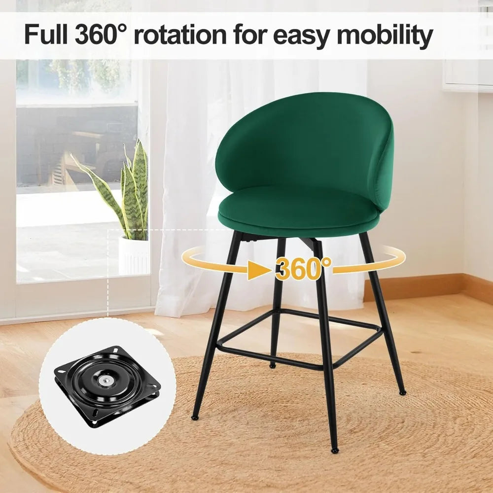 25" Counter Height Swivel Bar Stools with Back, Set of 4, Velvet Upholstered Kitchen Barstools Modern Bar Chair Island Stools