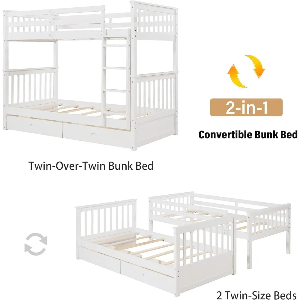 Wood Bunk Bed ,with Ladders and Two Storage Drawers,Solid Woods Detachable with Ladders,Convertible Wood Bunk Bed