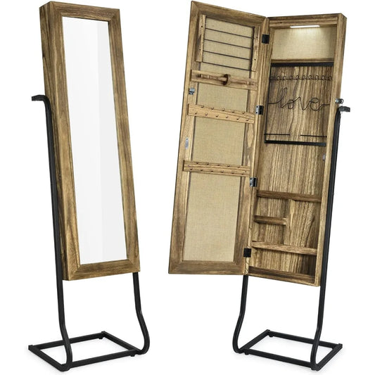 SRIWATANA Jewelry Armoire Cabinet, Solid Wood Standing Jewelry Organizer with Full Length Mirror (Carbonized Black)