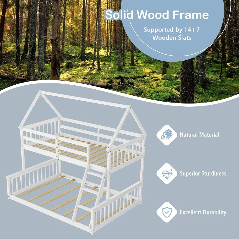 Twin Over Full Bunk Bed, Solid Wood House Bed Frame Built in Ladder & Safety Guardrails, Convertible to 2 Beds, Floor Bunk Bed