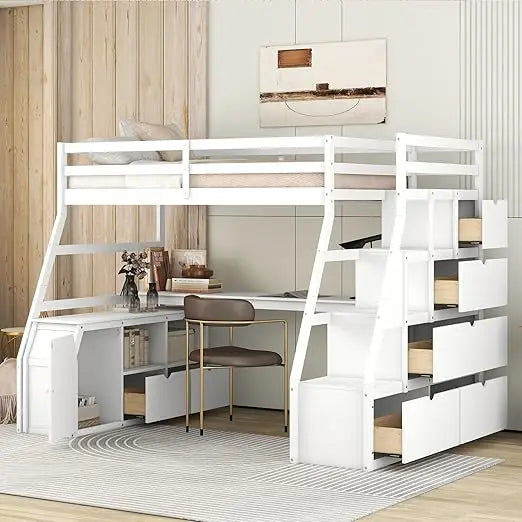 Loft Bed, with Stairs and Desk, with Storage 7 Drawers 2 Shelves, for Kids Teens Adults ,Solid Wood Loft Bed Frame