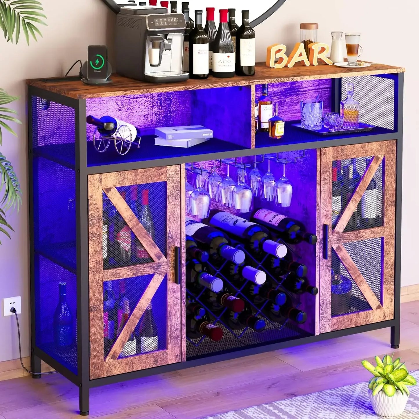 LED Wine Cabinet Bar Cabinets with Power Outlets, Coffee Bar Cabinet Liquor Cabinet for Glasses, Vintage TV Stand