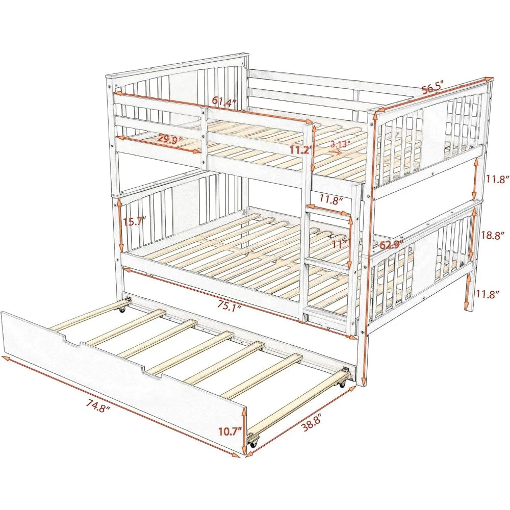 Full Bunk Bed, for Adults Kids Teens, Detachable Wood Full Bunks Bed Frame with High Length Guardrail,Solid Wood Bunk Beds