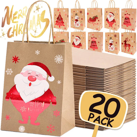 Kraft Paper Bag Christmas Packaging Gift Paper Handbag Santa Claus Snowman Pattern Merry Christmas Home Party Decor Candy Sack