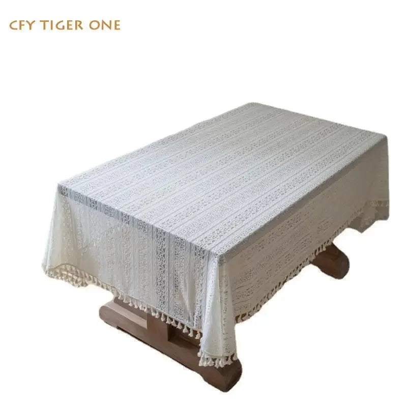 French Romantic Beige Hollowed Out Lace Crochet Antifouling Rectangular Tablecloth  Coffee Table Mat Table Cover