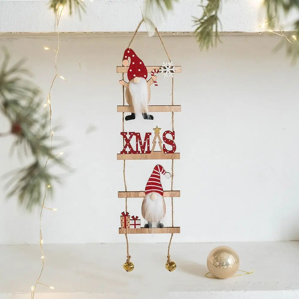 Cartoon Climbing Ladder Santa Claus Pendants with Bells DIY Christmas Wooden Hanging Tree Festive Merry Christmas Decor